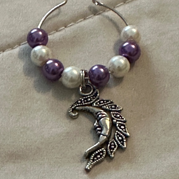 3/$15 Wine glass tag – stainless steel hoop, purple/white beads, crescent moon - Picture 6 of 11